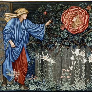 Edward Burne-Jones / William Morris, The Pilgrim in the Garden or The Heart of the Rose, draft before 1896/execution 1901, Wool, silk, cotton yarn, 155x202x10cm Courtesy Badisches Landesmuseum Karlsruhe Photo Thomas Goldschmidt